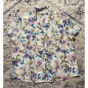 Vtg Alfred Dunner Womens Floral Button-Up Blouse Size 16 Short Sleeve Crepe Top